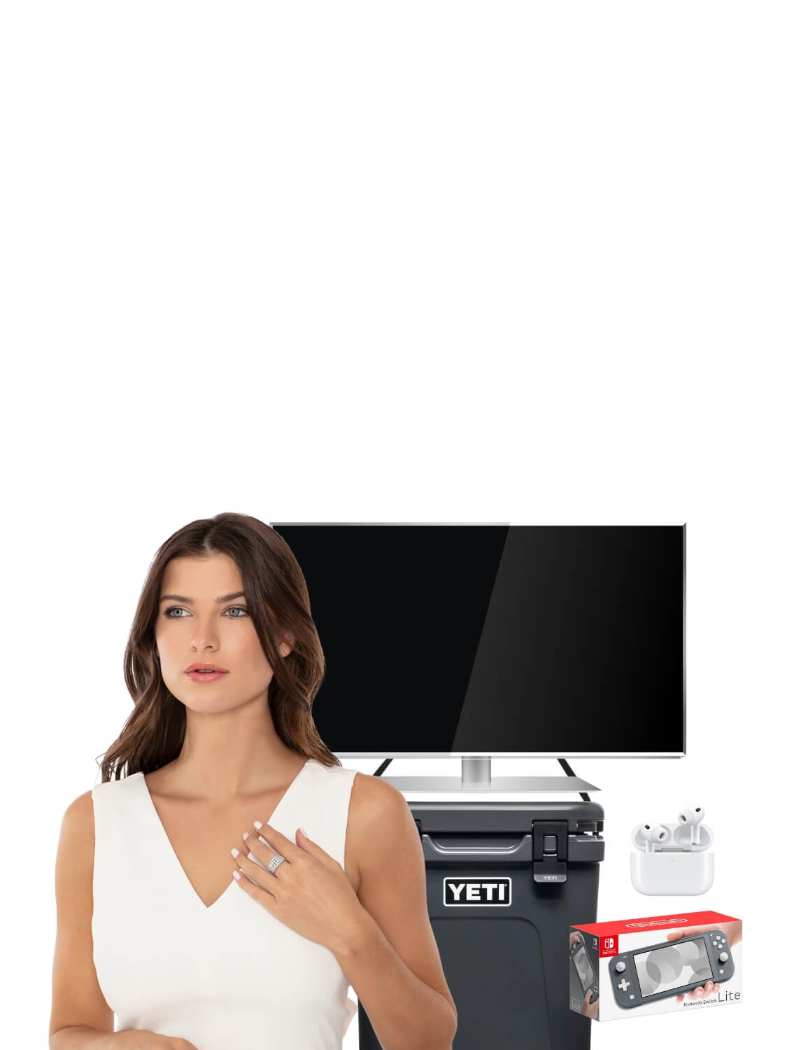 Woman in a white dress with jewelry standing next to tv, yeti cooler, nintendo switch, and apple airpods on a white background