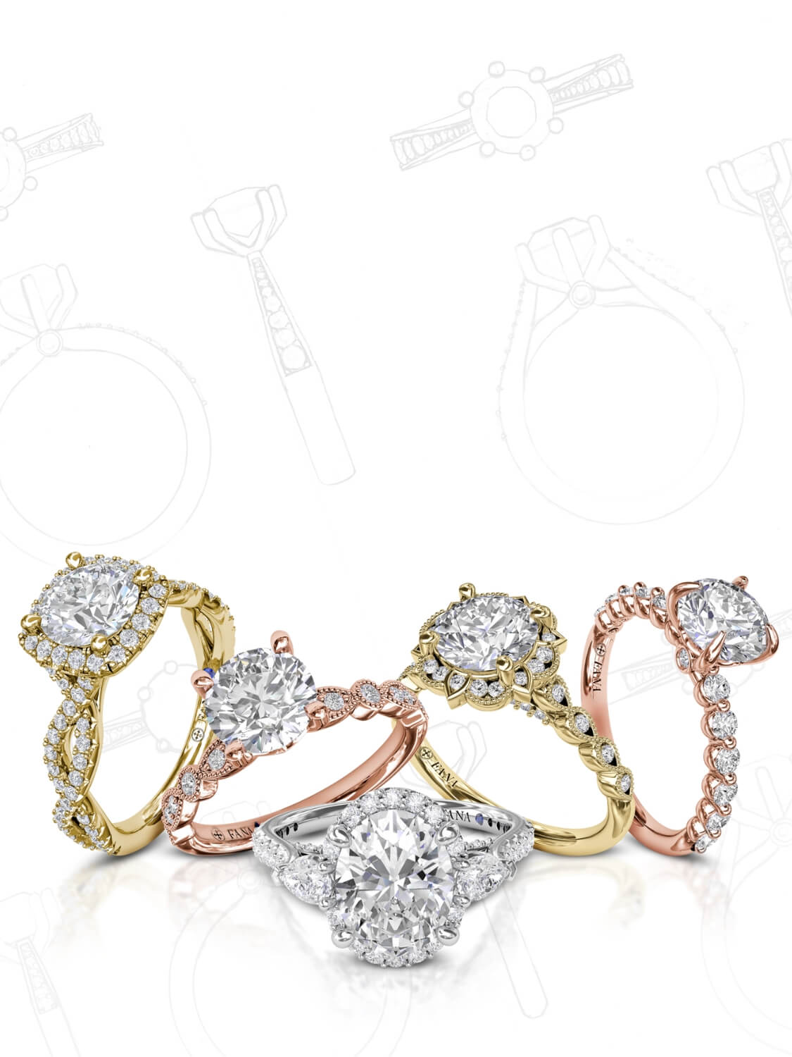 Set of four diamond rings in gold and rose gold on a white background