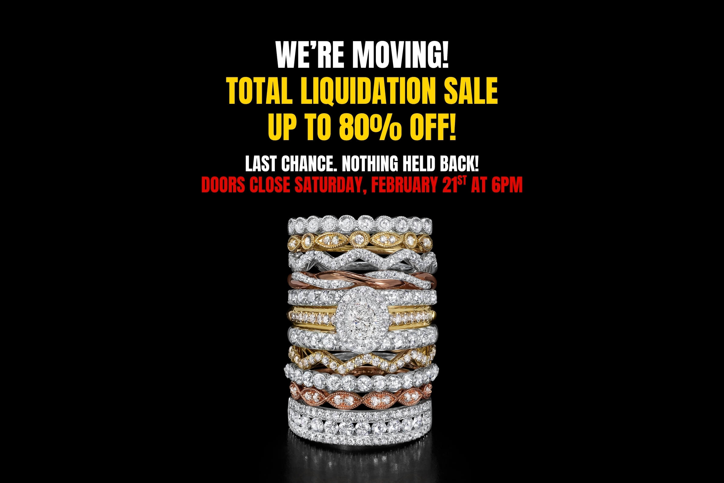 Promotional banner for a total liquidation sale with diamond rings displayed.