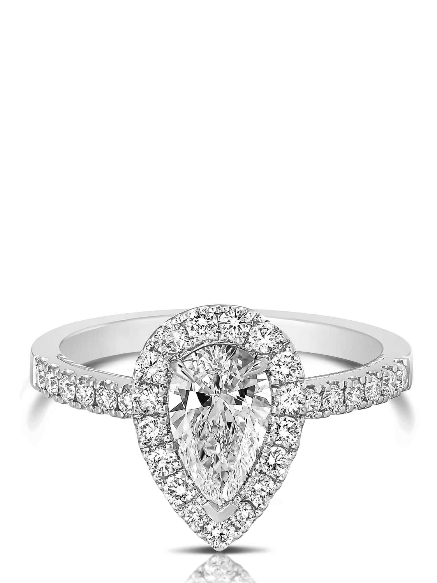 Diamond ring with a pear-shaped center stone on a white background