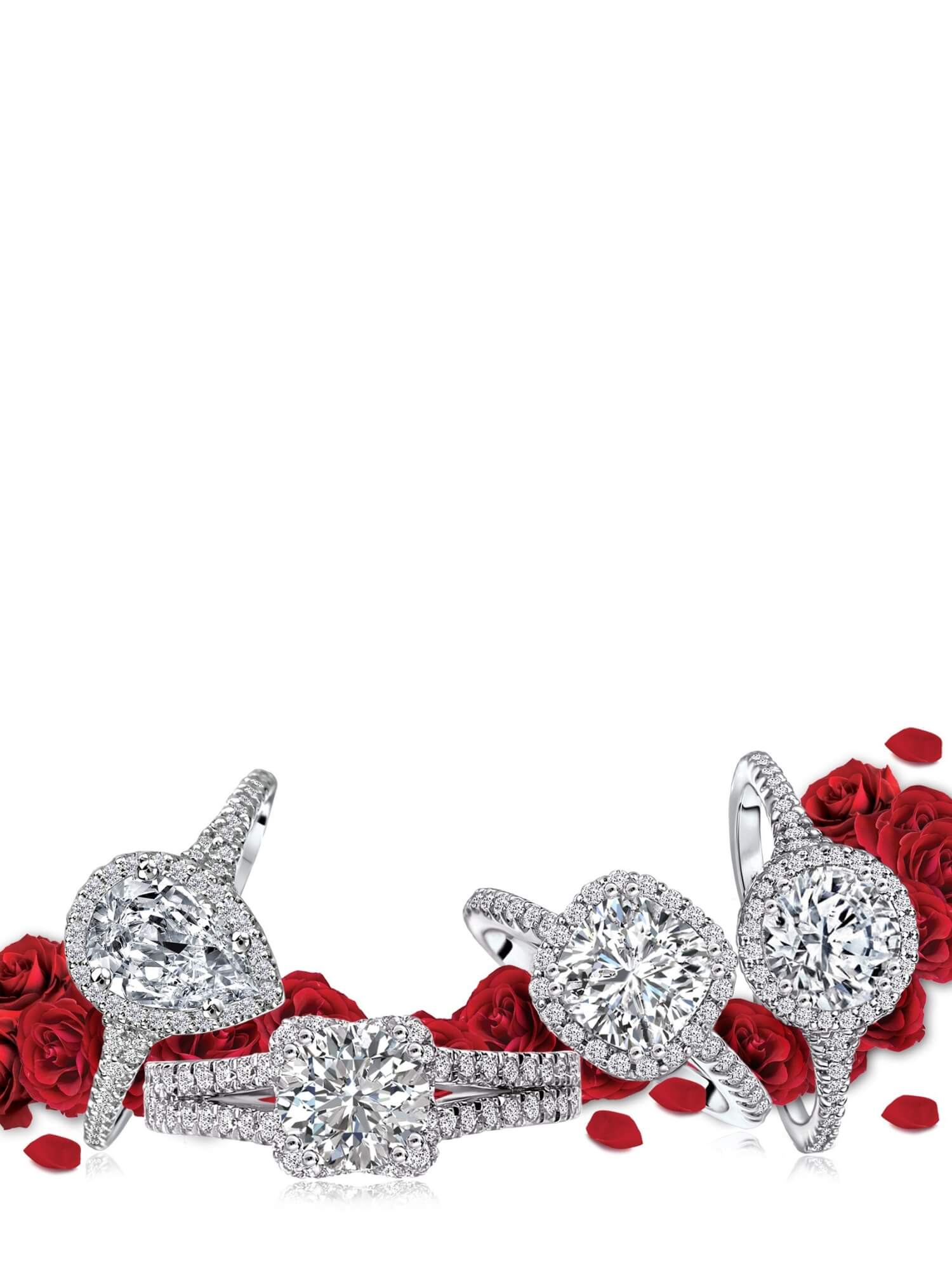 Diamond rings on a white background with red roses.