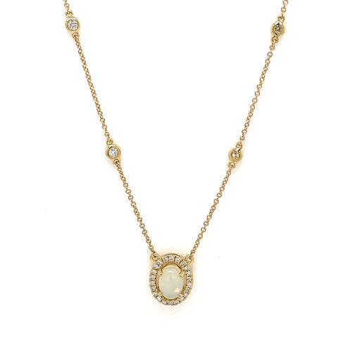 14 Karat Yellow Gold 1.17 Carat Oval Opal and Diamond Halo Pendant