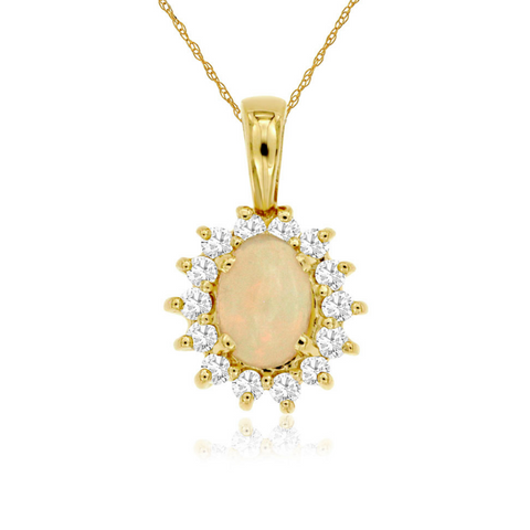 14 Karat Yellow Gold Oval Opal and Diamond Halo Pendant