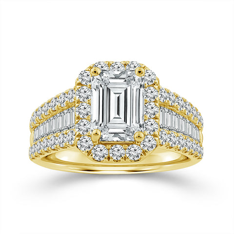 3 Ctw Emerald Halo Lab Grown Diamond Engagement Ring in Yellow Gold (1 1/2 Ct Lab Grown Emerald Center)