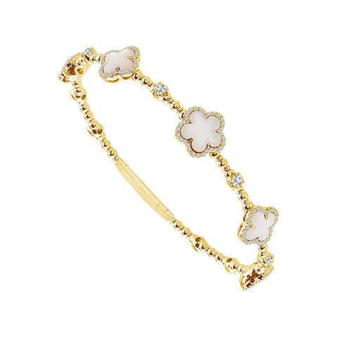 Mother of Pearl Flexible Diamond Bangle Bracelet in Yellow Gold