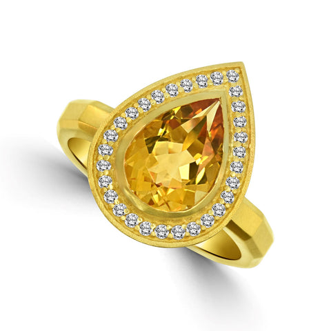Pear Shape Citrine Diamond Halo Ring in Yellow Gold