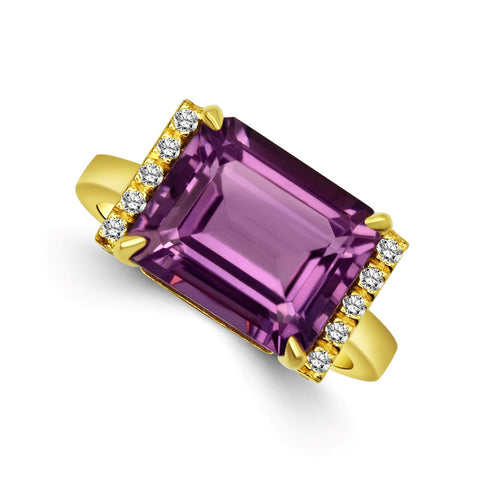 Emerald Cut Amethyst and Diamond Ring in Yellow Gold