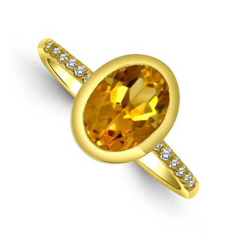 Bezel Set Oval Citrine and Diamond Ring in Yellow Gold