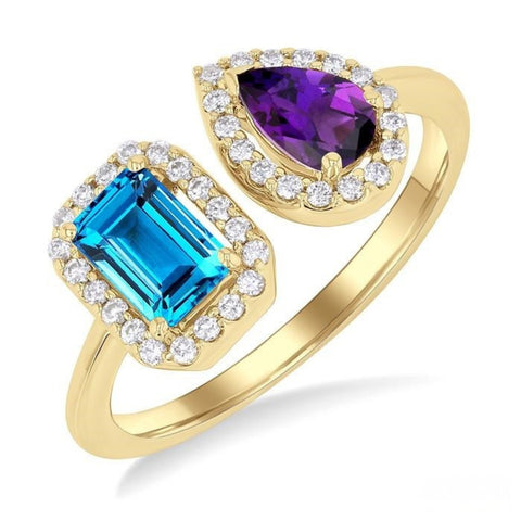 Toi Et Moi Blue Topaz & Amethyst Halo Diamond Fashion Open Ring