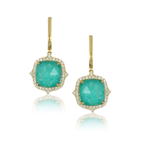 18k Yellow Gold 0.40ctw Diamond and Amazonite Earrings