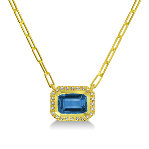 Bezel Set Emerald Cut Blue Topaz Diamond Halo Paperclip Necklace in Yellow Gold