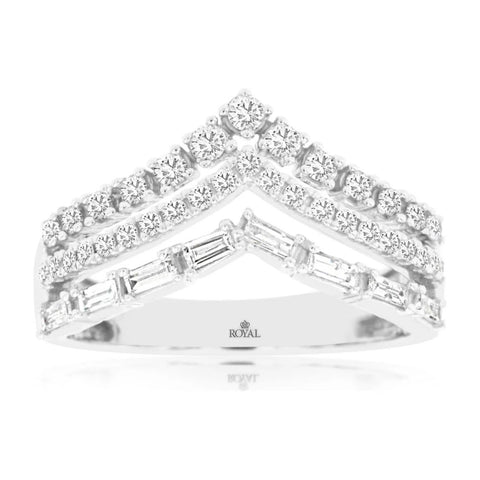 Baguette and Round Diamond Three Row Tapered Design Ring