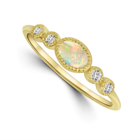 Bezel Set Opal and Diamond Fashion Ring in Yellow Gold