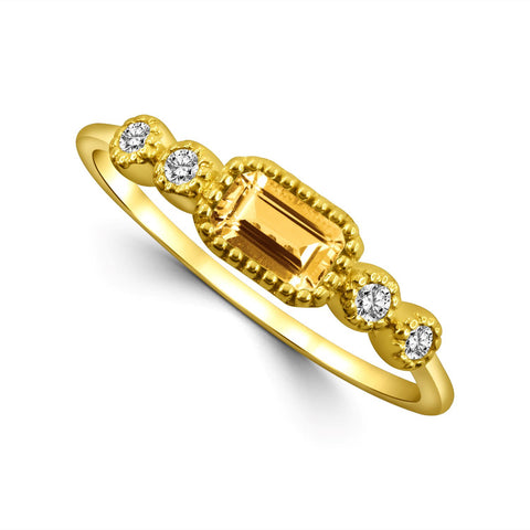 Bezel Set Emerald Cut Citrine and Diamond Fashion Ring in Yellow Gold