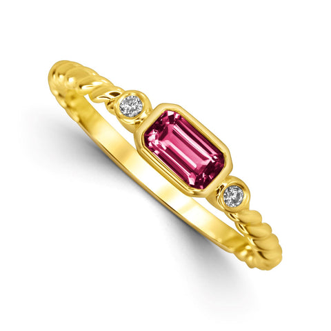 Bezel Set Emerald Cut Rhodolite and Diamond Fashion Ring in Yellow Gold
