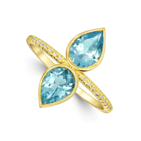 Bezel Set Pear Shape Blue Topaz and Diamond Fashion Ring in Yellow Gold