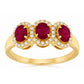 Diamond Halo Oval Ruby 3 Stone Anniversary Ring in 14 Karat Yellow Gold