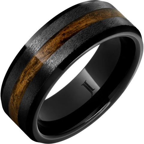 Barrel Aged Black Diamond Ceramic Ring with Bourbon Wood Inlay and Grain Finish (Size 10)