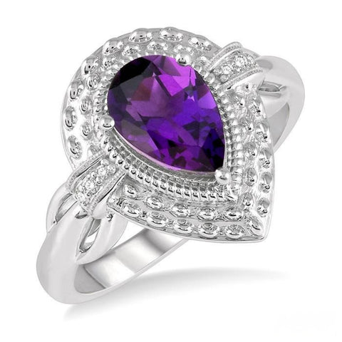 Silver Pear Shape Amethyst & Diamond Ring