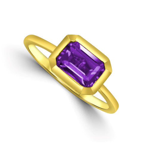 Bezel Set Emerald Cut Amethyst Ring in Yellow Gold