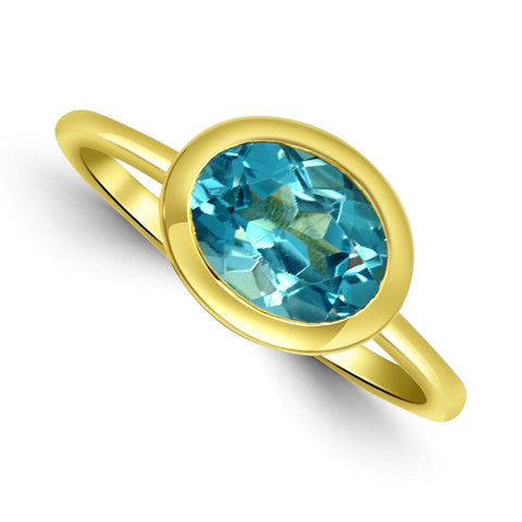 Bezel Set Oval Blue Topaz Ring in Yellow Gold