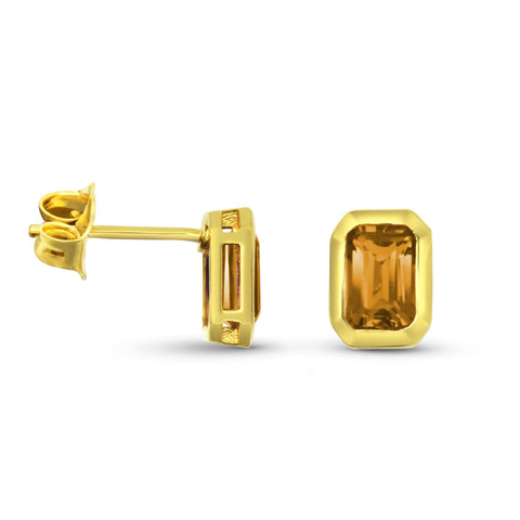 Bezel Set Emerald Cut Citrine Stud Earrings in Yellow Gold