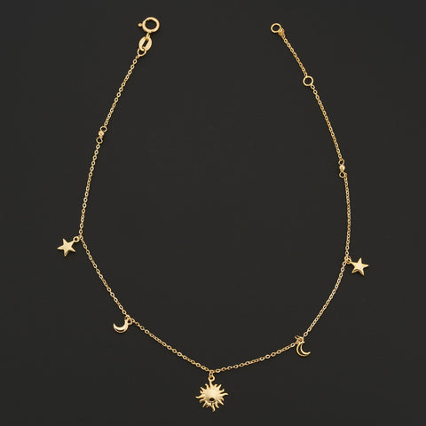 10 Inch Sun Moon and Star Anklet in 14 Karat Yellow Gold