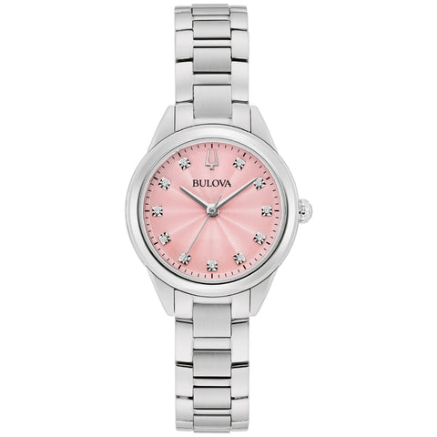 Bulova Pink Dial Stainless Steel Bracelet Sutton Ladies Dress Watch 96P249