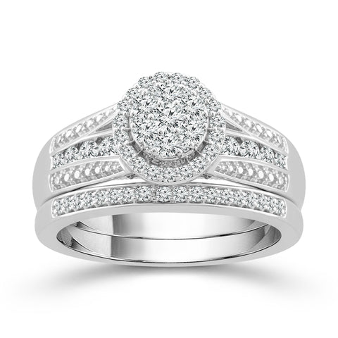 10k White Gold 3.00ctw Diamond Cluster Halo Wedding Set
