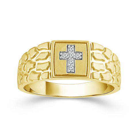 Mens Cross Diamond Nugget Ring in 10 Karat Yellow Gold (1/20 Ctw)
