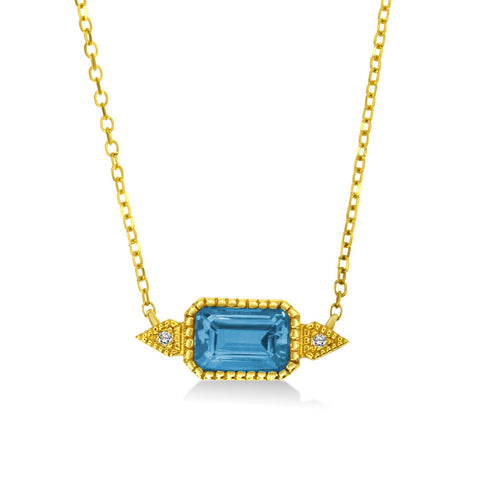 Bezel Set Emerald Cut Blue Topaz and Diamond Necklace in Yellow Gold