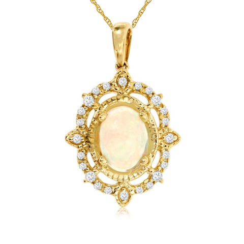14 Karat Yellow Gold 1 Carat Oval Opal Diamond Pendant