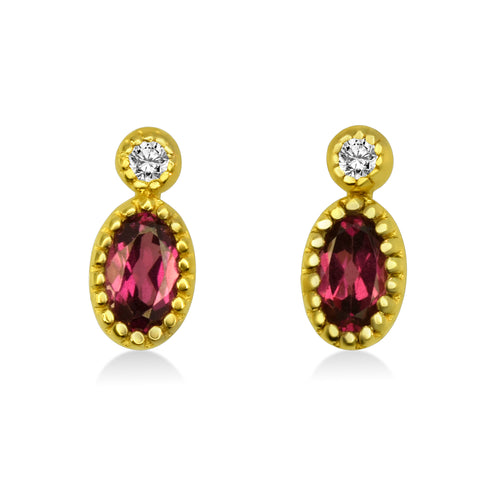 Oval Rhodolite and Diamond Earrings Set in 14K Yellow Gold
