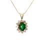 14K Yellow Gold Oval Emerald and Diamond Halo Pendant Necklace