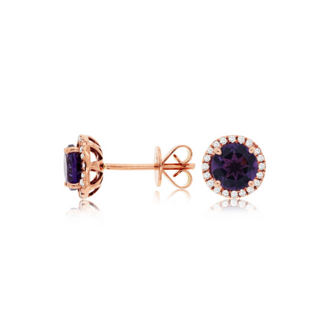 14 Karat Rose Gold Ametyst and Diamond Halo Earrings