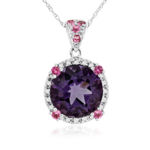 14 Karat White Gold 4 2/5 Carat Diamond Pink Sapphire and Amethyst Pendant