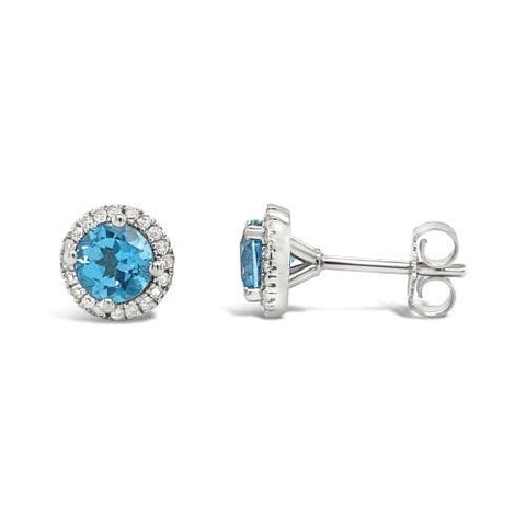Round Blue Topaz and Diamond Halo Decemeber Birthstone Earrings in Sterling Silver