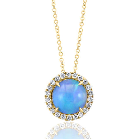 18K Gold Ethiopian Opal Pendant with Diamond Halo on Italian Rolled Link Chain