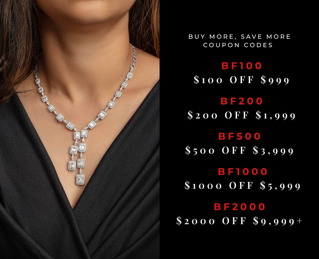 Diamond necklace on a model with promotional coupon codes displayed on a black background