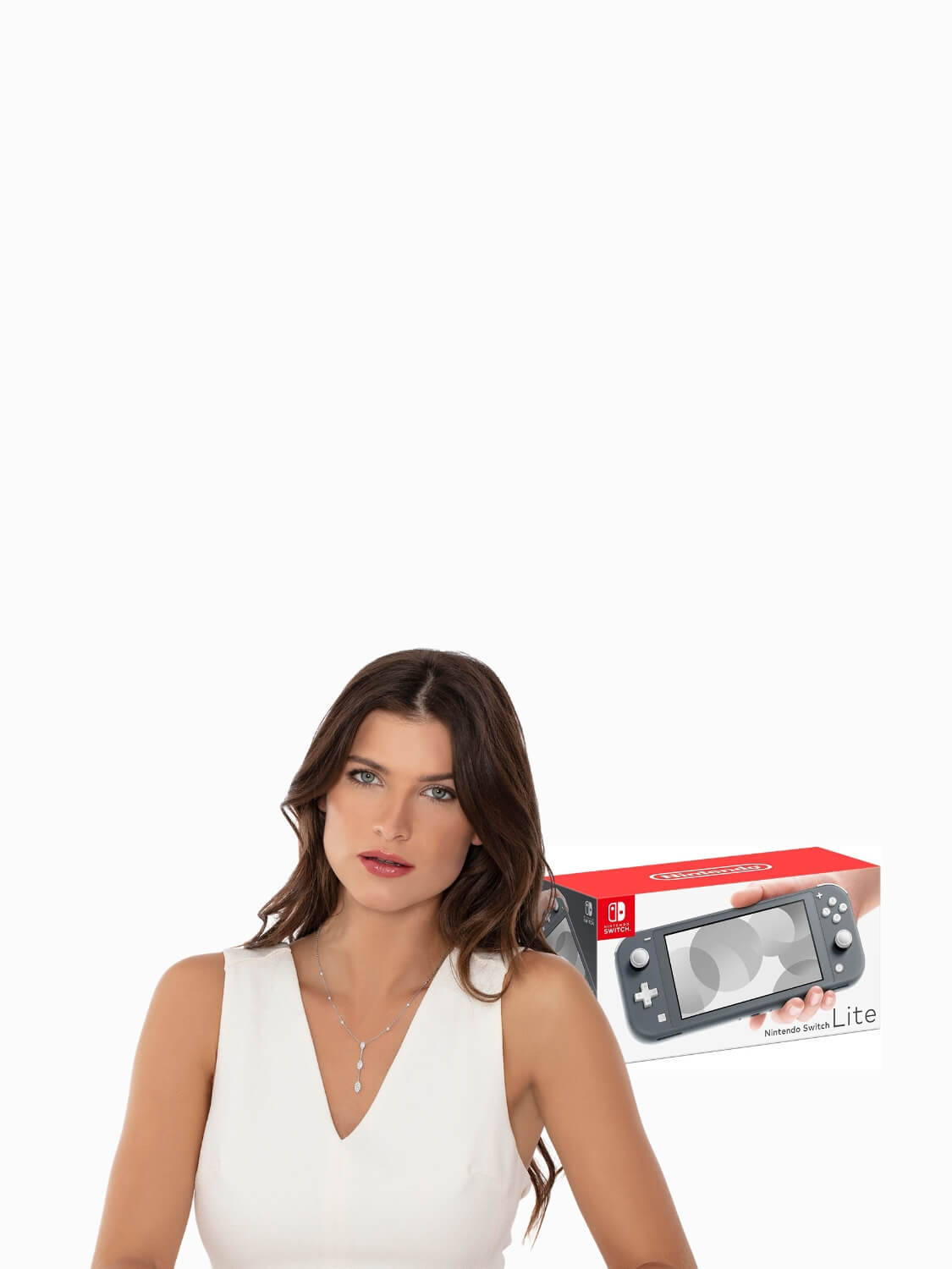 women in white shirt wearing diamond necklace next to nintendo switch game console