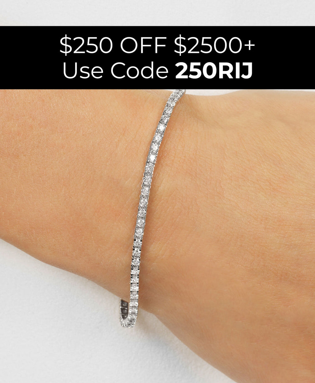 Diamond bracelet on a wrist with promotional text overlay
