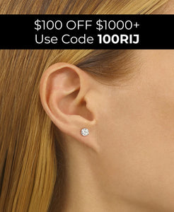 Close-up of an ear wearing a diamond earring with promotional text overlay.