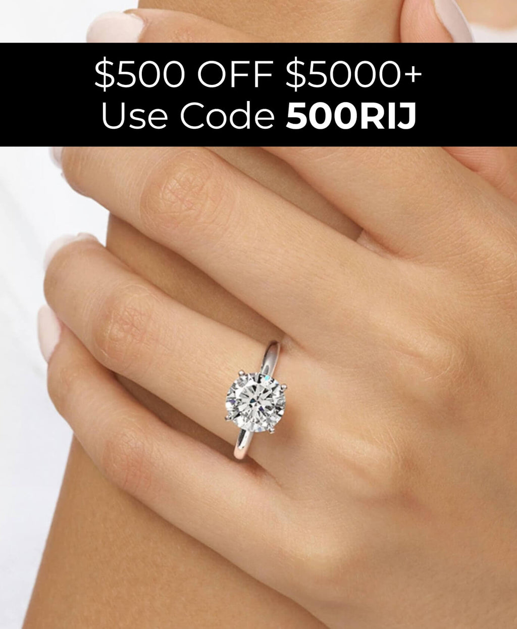 Diamond ring on a hand with promotional text overlay