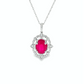 Oval Ruby and Diamond Halo Necklace in 14K White Gold