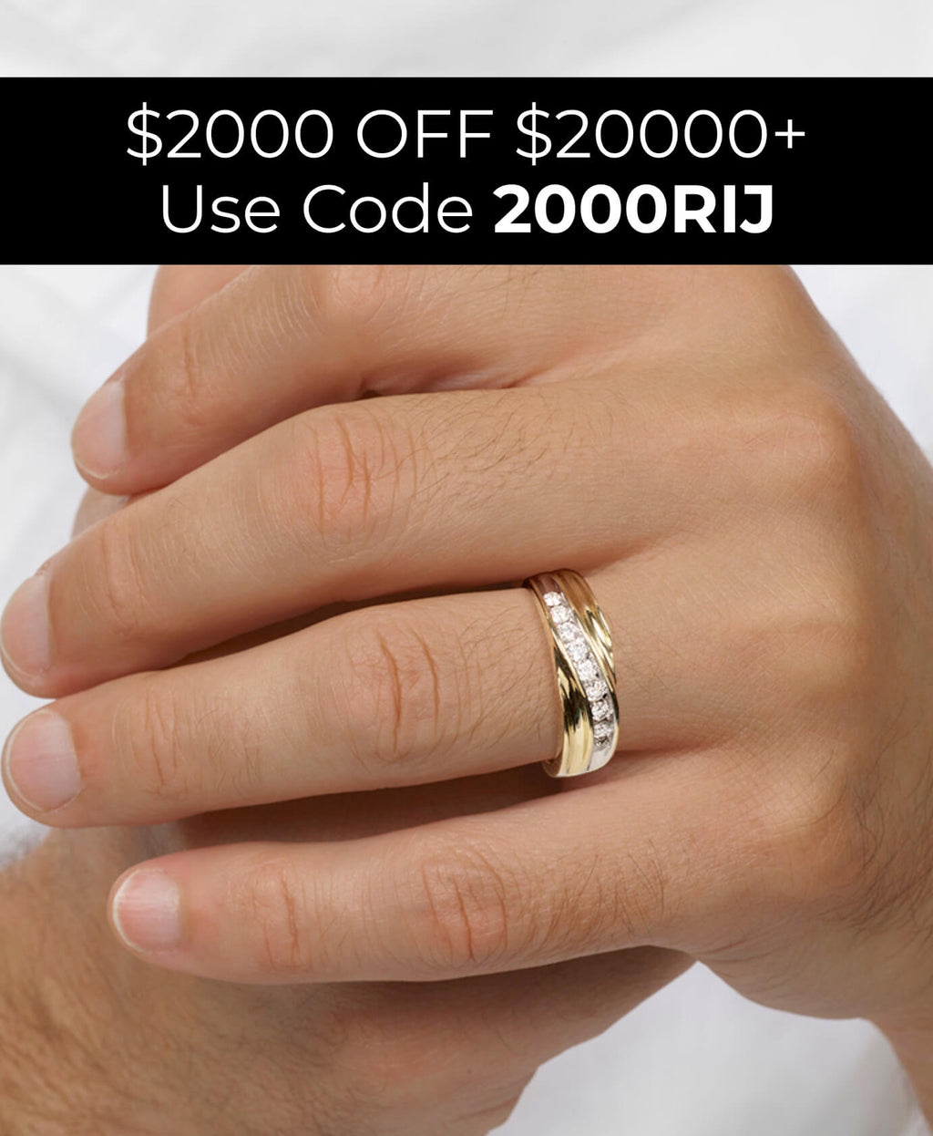 Gold ring on a hand with promotional text overlay