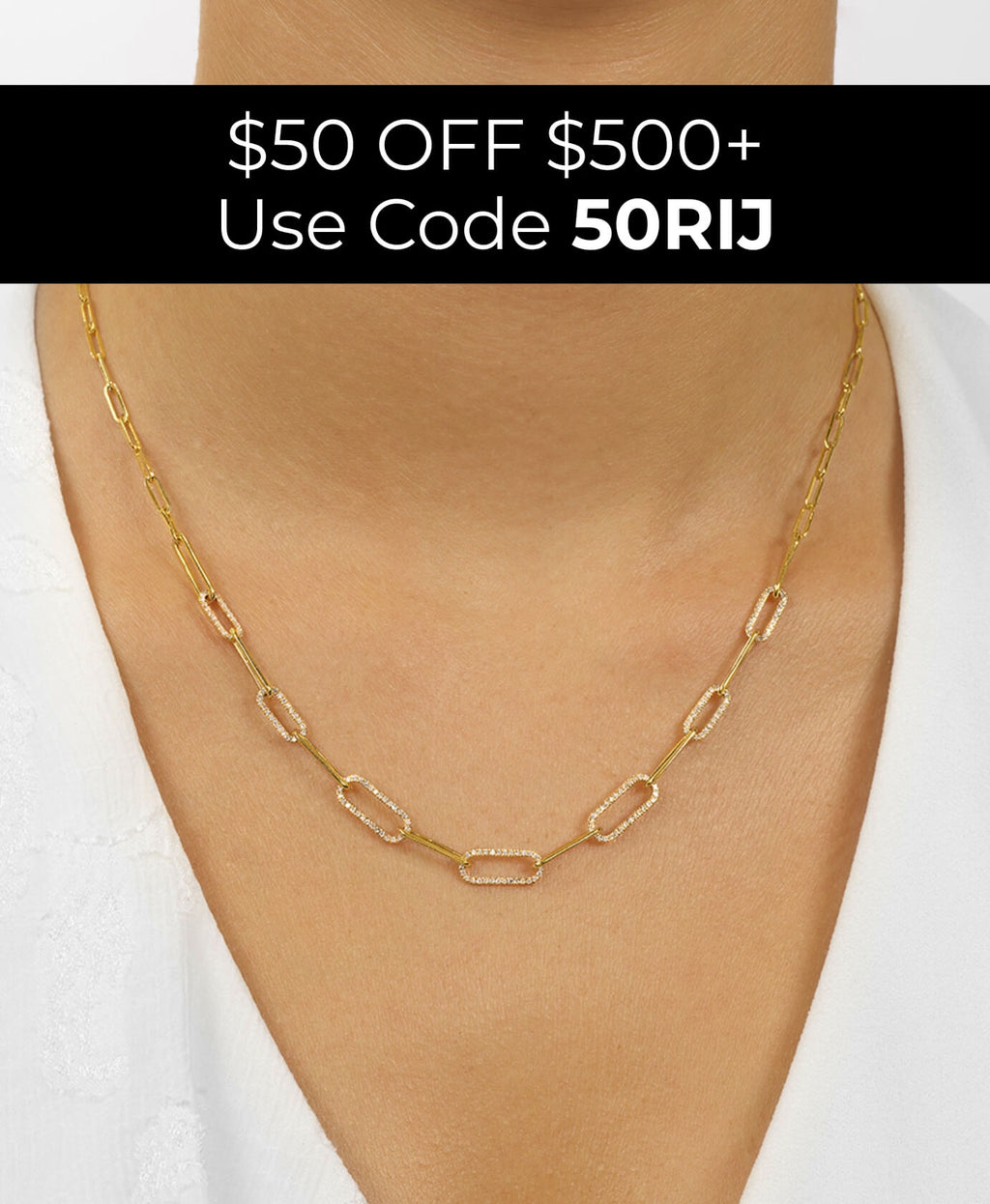 Gold chain necklace on a person's neck with promotional text overlay