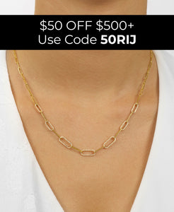 Gold chain necklace on a person's neck with promotional text overlay