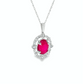 Oval Ruby and Diamond Halo Necklace in 14K White Gold