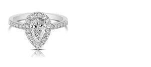 Diamond ring with a pear-shaped center stone on a white background