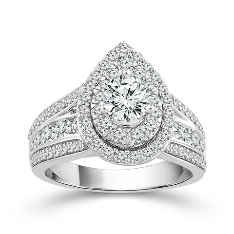 14 Karat White Gold 1 1/2 Carat Pear Halo Diamond Engagement Ring